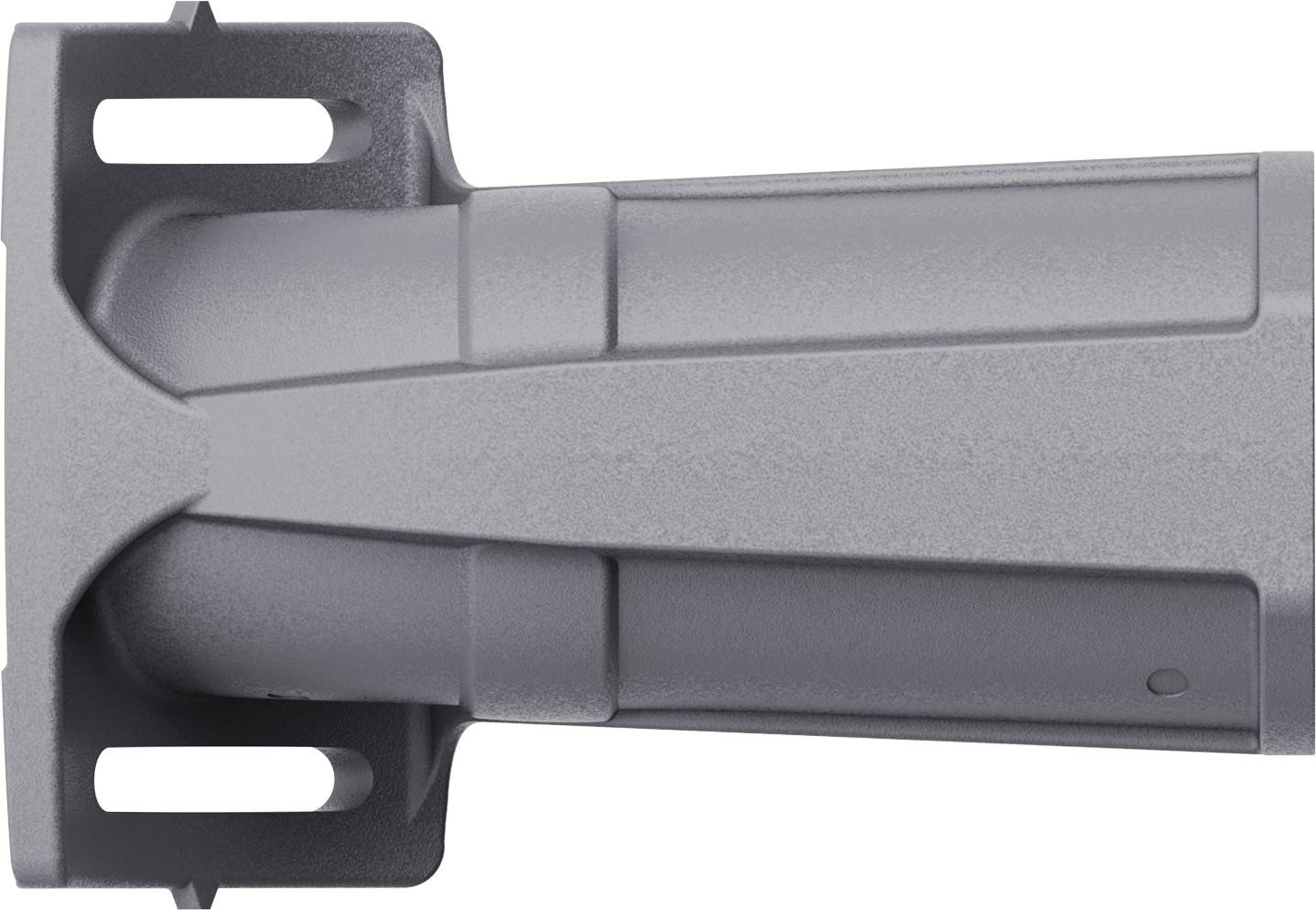 Metallisches Bauteil in zylindrischer Form mit rechteckiger Basis und Löchern an den Ecken, möglicherweise für mechanische Befestigung.