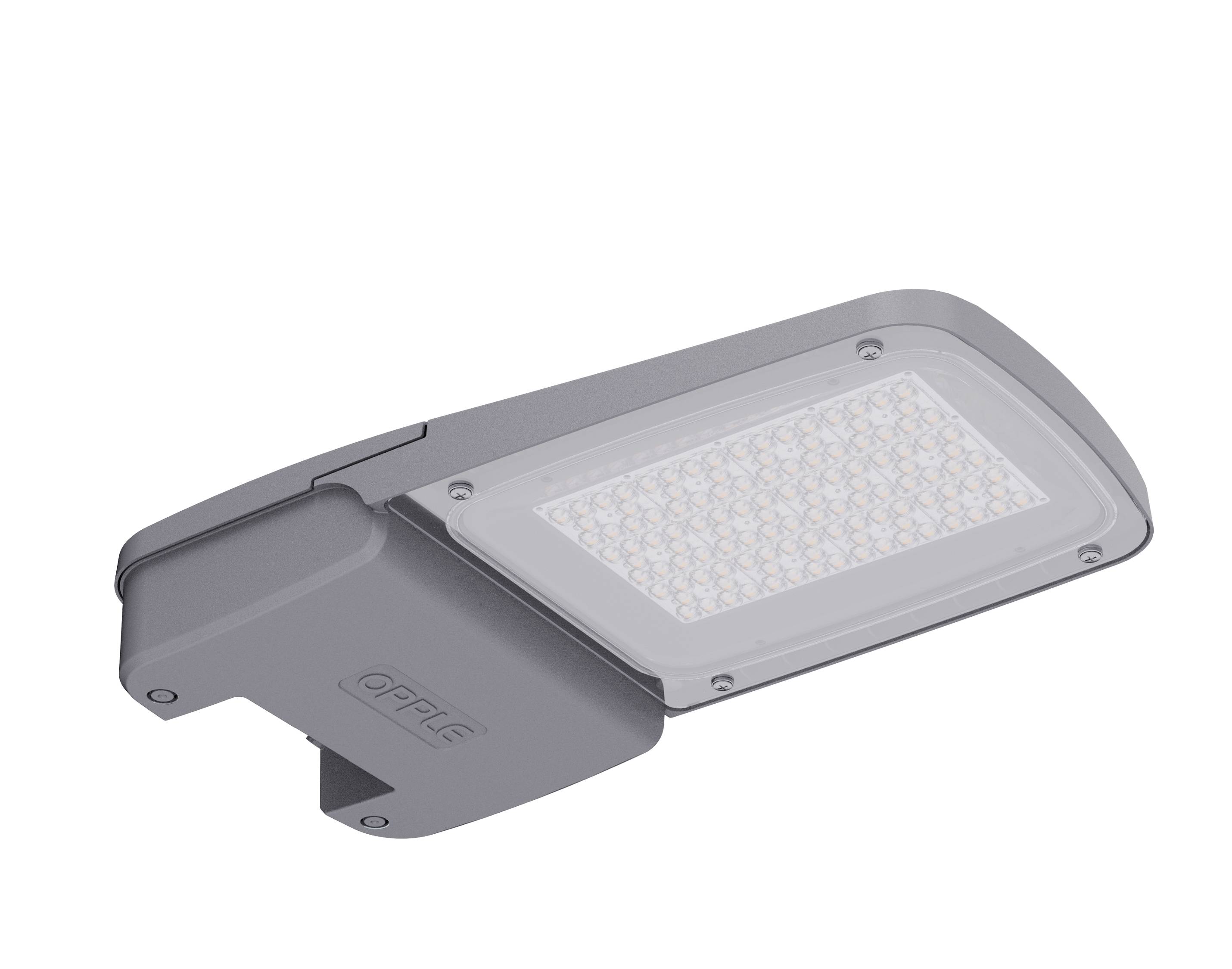 Ein modernes, rechteckiges LED-Straßenlicht in Grau, montiert an einem kurzen Arm für effiziente Beleuchtung im Außenbereich.