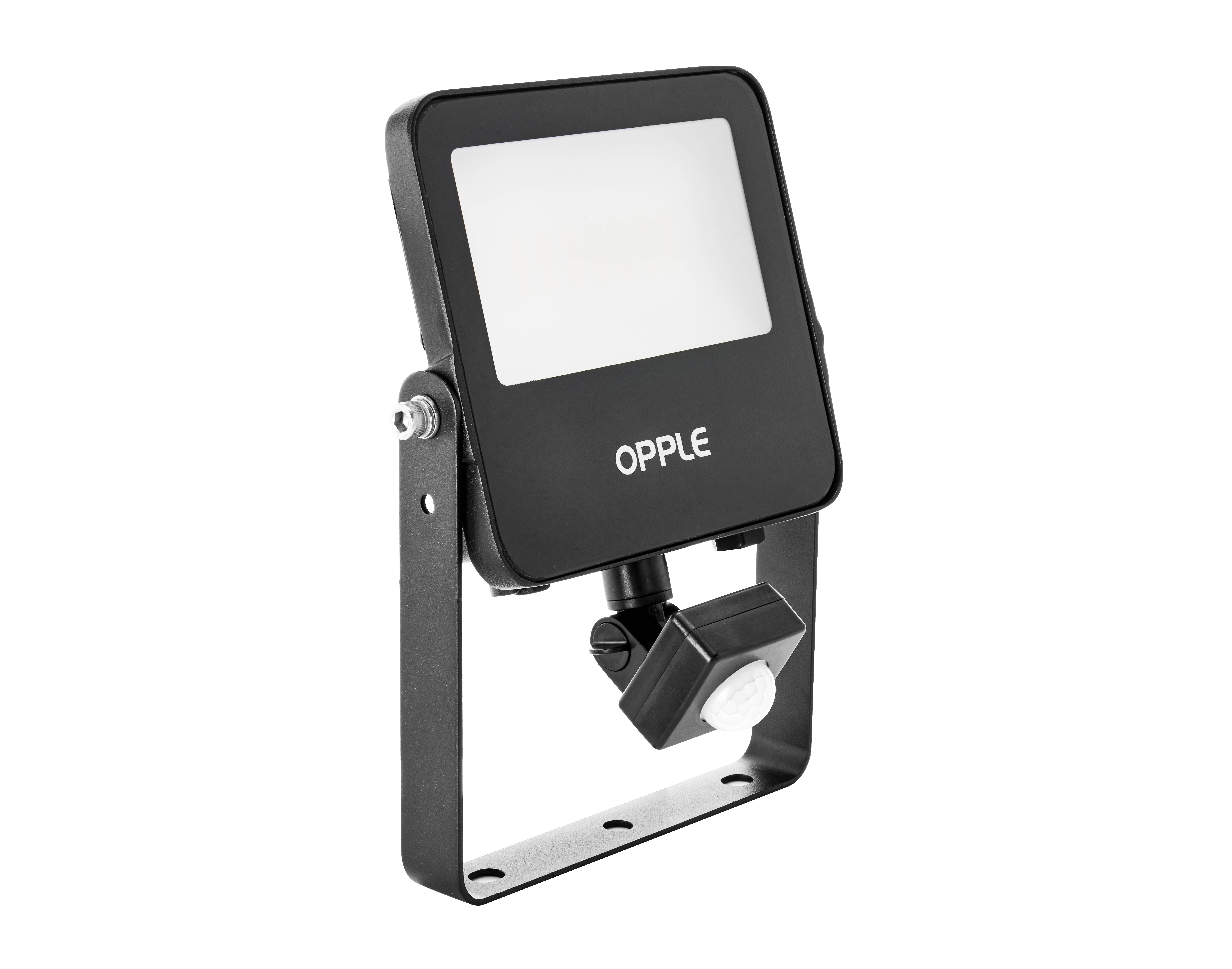 Ein schwarzer LED-Flutlichtstrahler mit der Aufschrift 'OPPLE' auf der Vorderseite, montiert auf einem verstellbaren Halter.