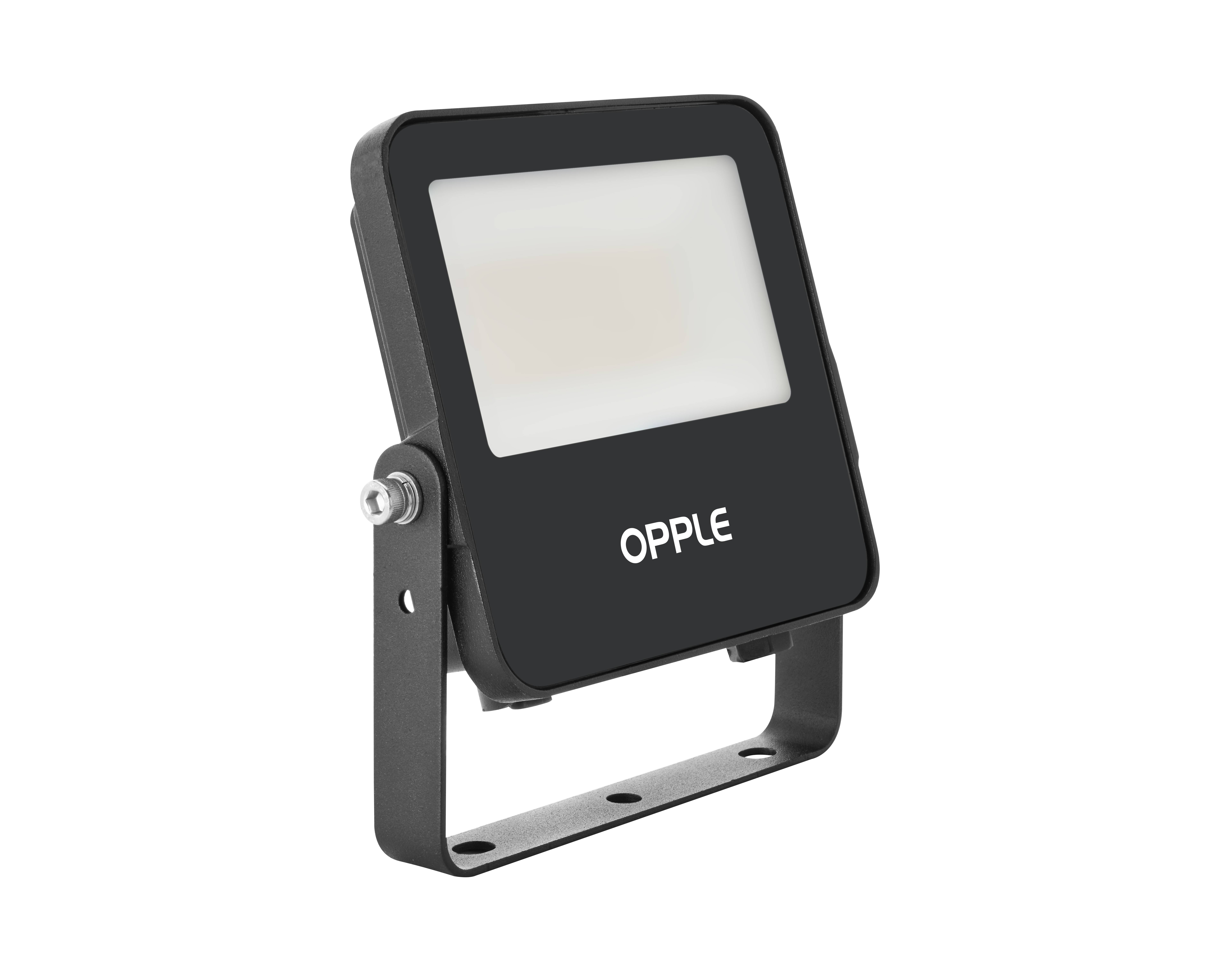 Ein rechteckiger, schwarzer LED-Strahler mit der Aufschrift 'OPPLE' steht im Mittelpunkt. Der Strahler hat ein schlichtes, modernes Design.
