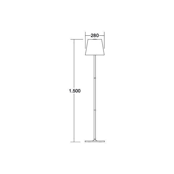 Stehlampe schematisch dargestellt. Gesamthöhe: 1500 mm, Schirmbreite: 280 mm.