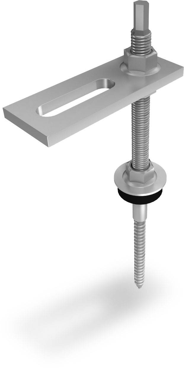 Eine Metallhalterung mit Schrauben und Unterlegscheiben, die für die Befestigung in Bauprojekten verwendet wird.