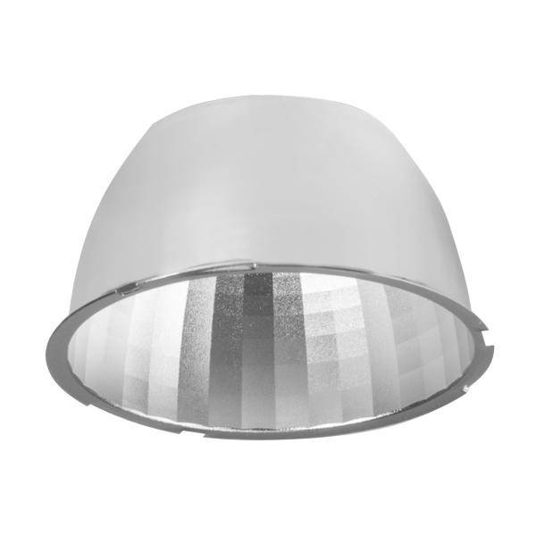 Ein runder, glänzender Lampenschirm aus Metall mit strukturierter Oberfläche, der für die Abstrahlung von Licht nach unten gestaltet ist.