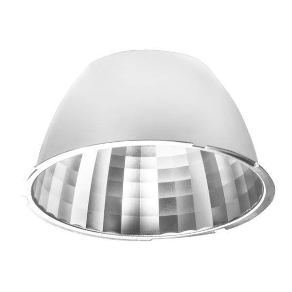 Deckenlampe mit silbernem Innenspiegel und weißem Außenschirm, verbreitet gleichmäßiges Licht in einem Raum.