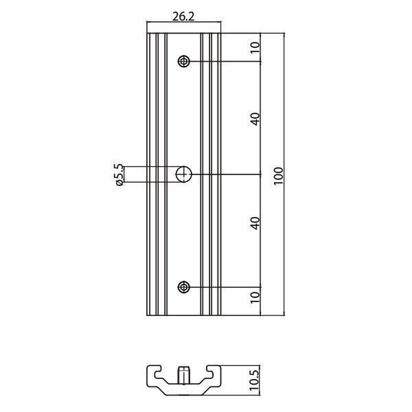 Technische Zeichnung eines Profils mit Maßen: Länge 100 mm, Breite 26,2 mm, zwei Löcher mit 5,5 mm Durchmesser, Querschnitt unten.