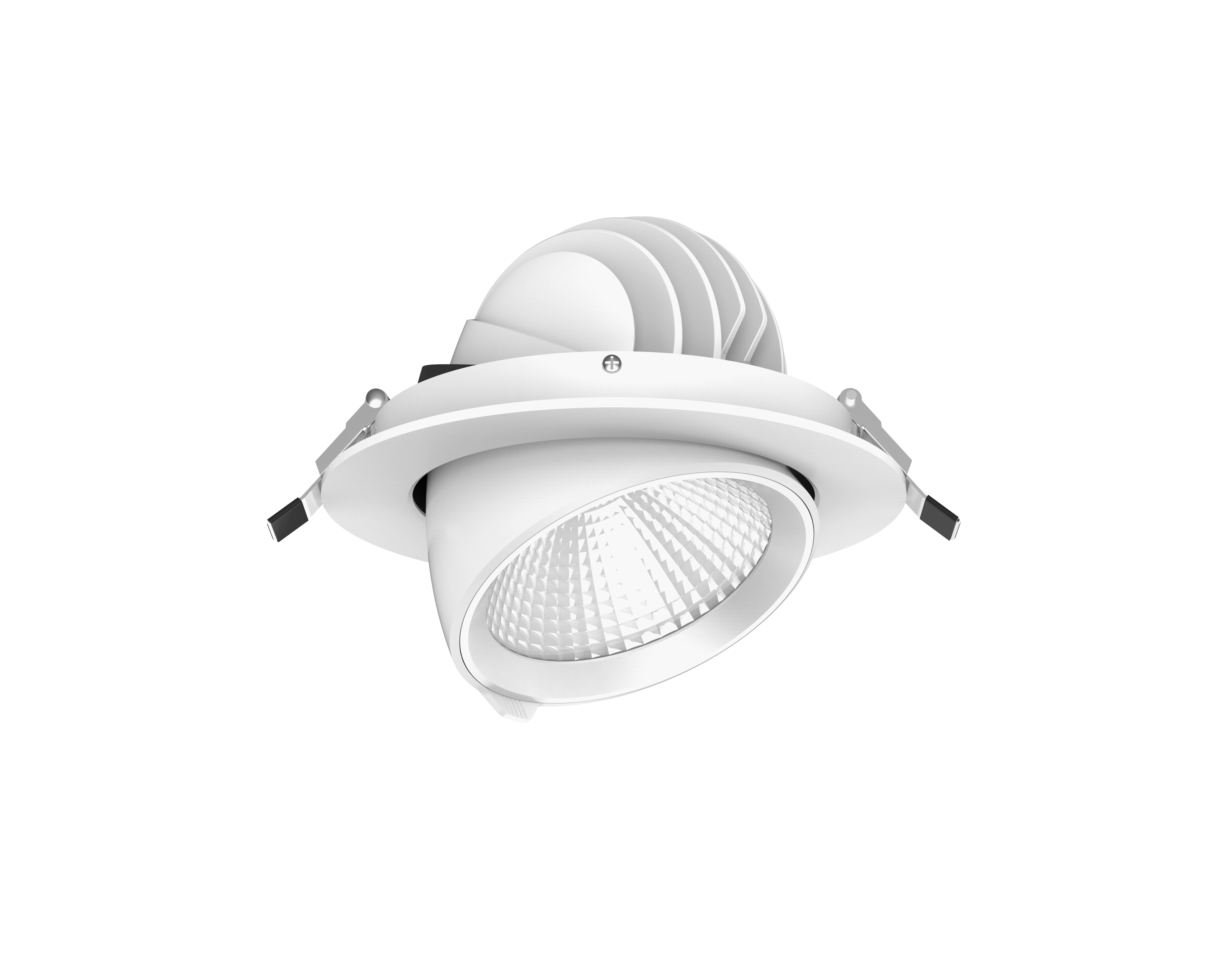 Ein weißer, runder LED-Einbaustrahler mit schwenkbarem Design für flexible Beleuchtung. Perfekt für moderne Wohn- oder Geschäftsräume.