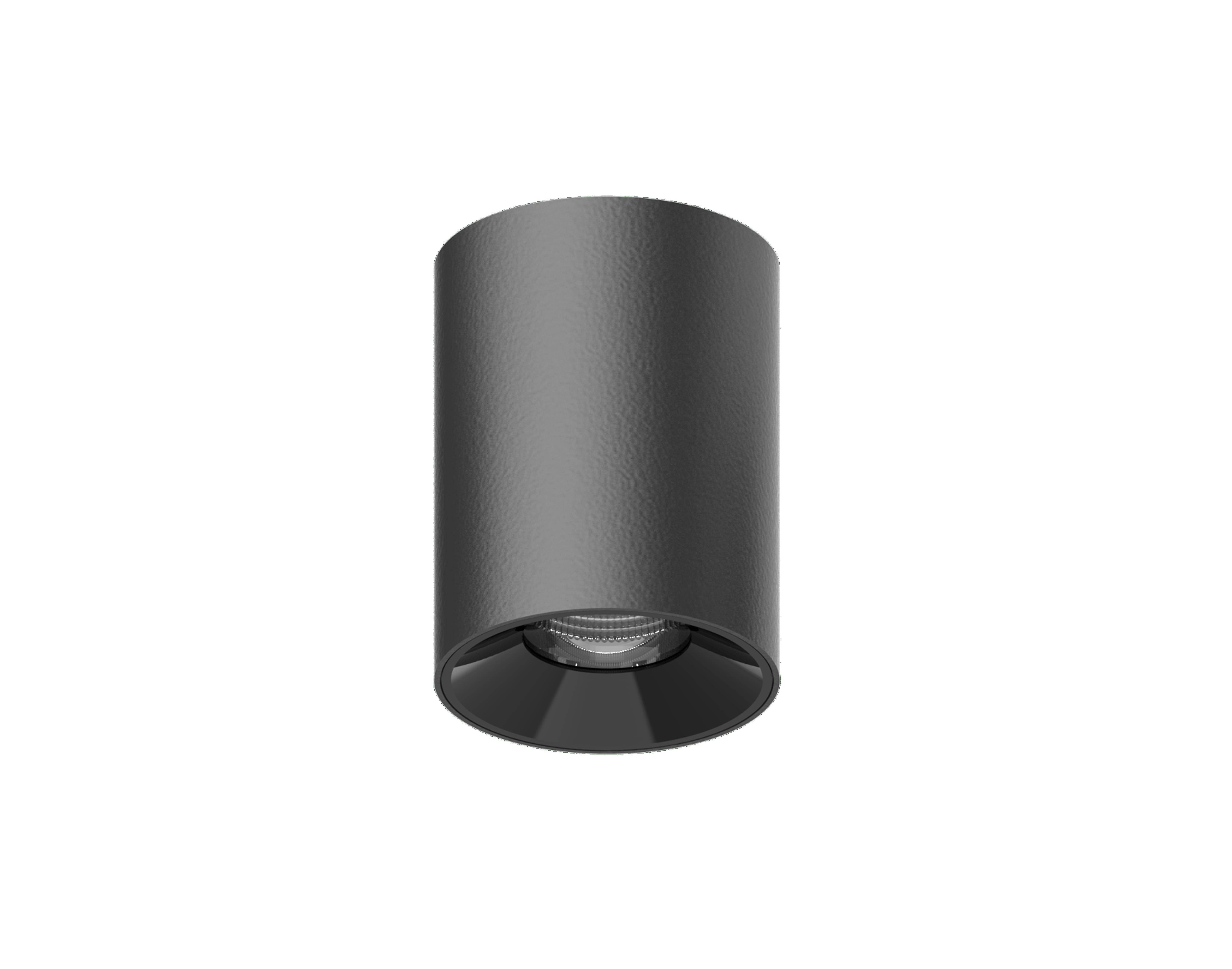 Zylindrische Deckenleuchte in mattem Schwarz, modern und schlichtes Design, geeignet für Innenbeleuchtung.