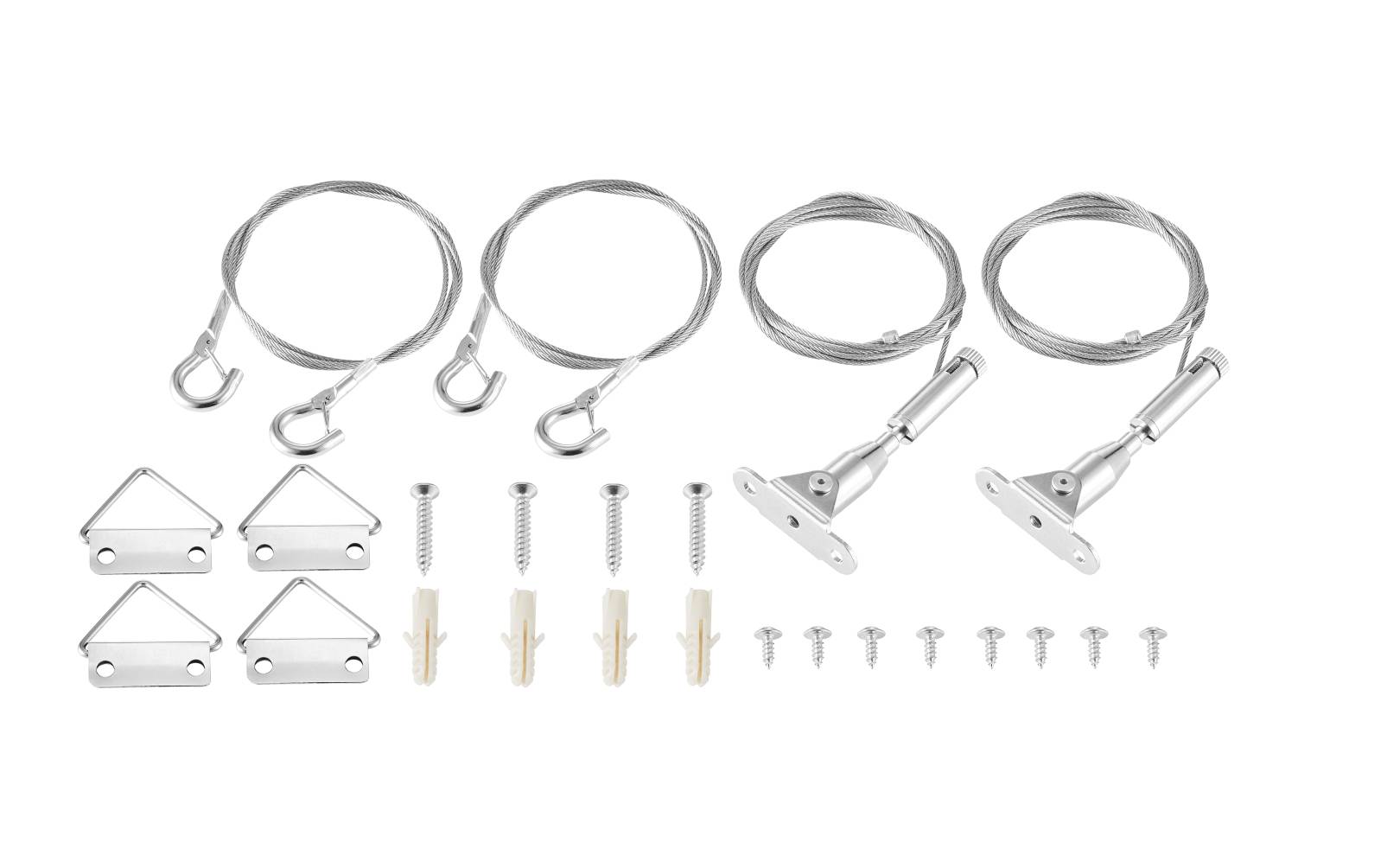 Ein Set von Bildaufhängung mit Seilen, Schrauben und Halterungen. Enthält zwei Metallplatten, Haken und passende Zubehörteile.