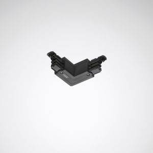 Schwarzes plastikförmiges Eckstück, möglicherweise ein Verbinder oder Halterung, auf grauem Hintergrund.