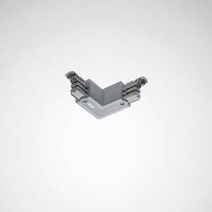 Ein graues, L-förmiges Metallteil mit vier Schrauben. Das Teil dient zur Verbindung von zwei Metallprofilen in einem 90-Grad-Winkel.