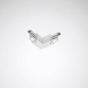 Ein L-förmiger Verbinder aus Kunststoff mit Metallstiften, geeignet für die Verbindung von Eckverbindungen in elektronischen Geräten.