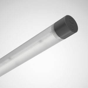 Transparente LED-Röhre mit schwarzem Endstück, seitlich sichtbar. Geeignet zur Beleuchtung in modernen Innenräumen.