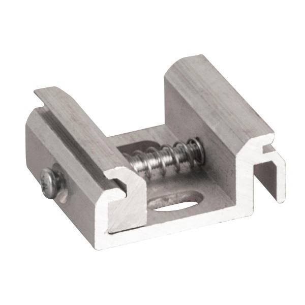 Ein metallischer Halterungsklammer mit Schraube und Feder in der Mitte, geeignet für Befestigungszwecke in technischen Anwendungen.