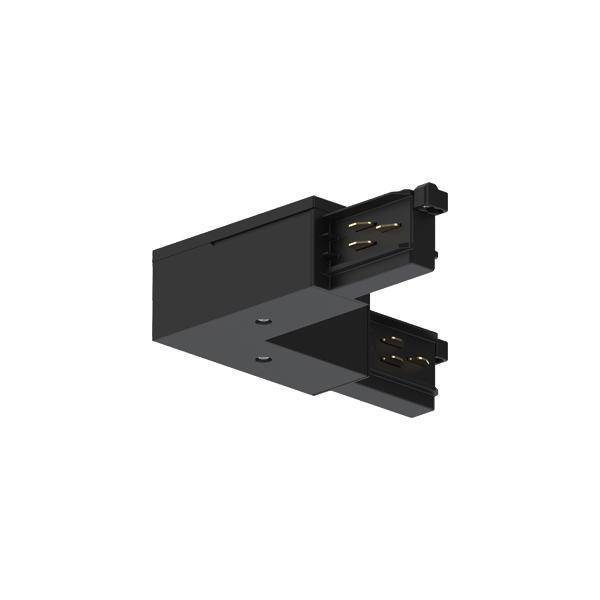 Schwarzer Adapter für ein elektrisches Schienensystem, zeigt zwei parallele Schienenanschlüsse, jeweils mit drei Kontaktpunkten.