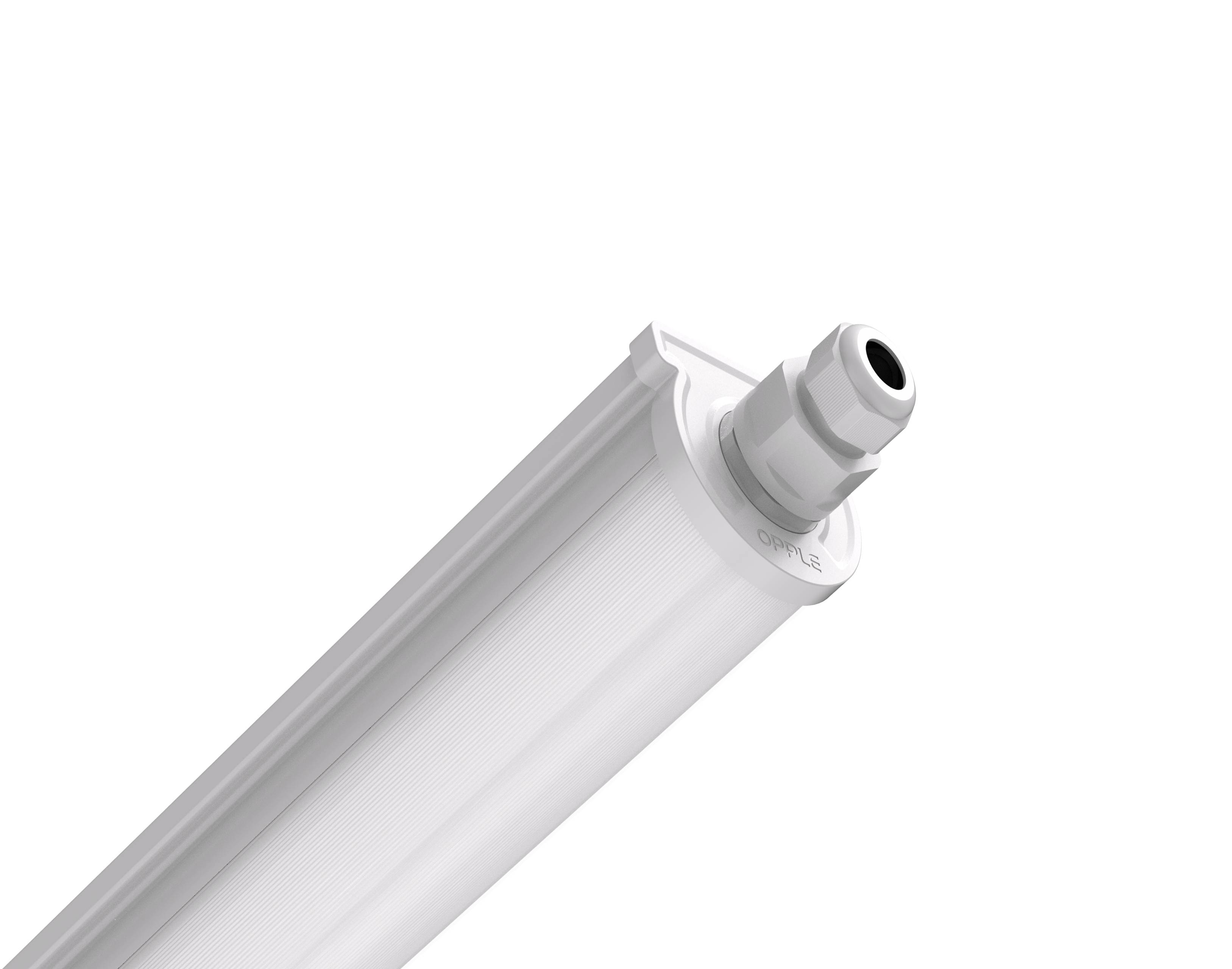Eine weiße LED-Leuchte in zylindrischer Form vor schwarzem Hintergrund. Sie hat einen Stecker an einem Ende.