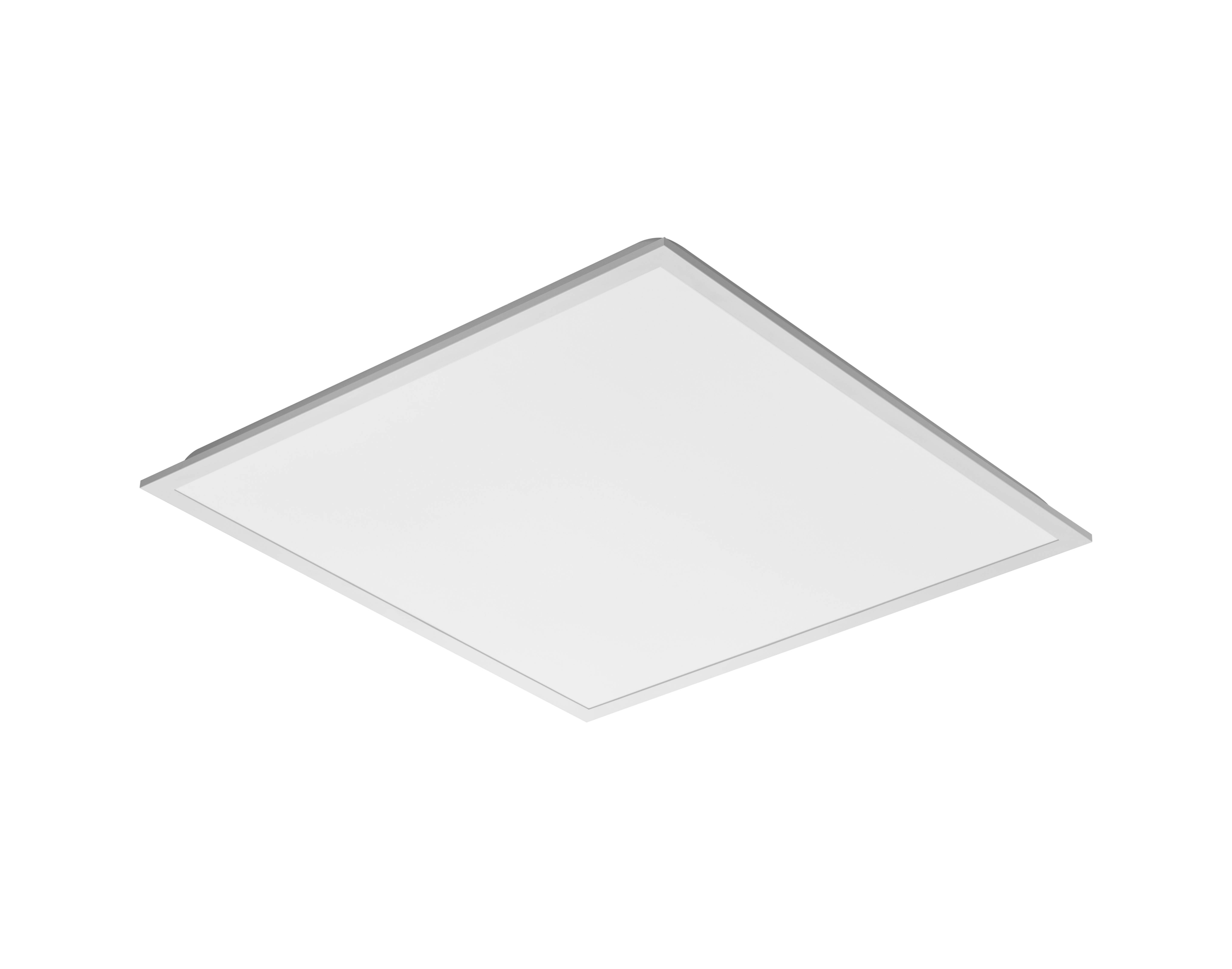 Eine rechteckige weiße LED-Deckenleuchte vor schwarzem Hintergrund, geeignet für moderne Innenräume.