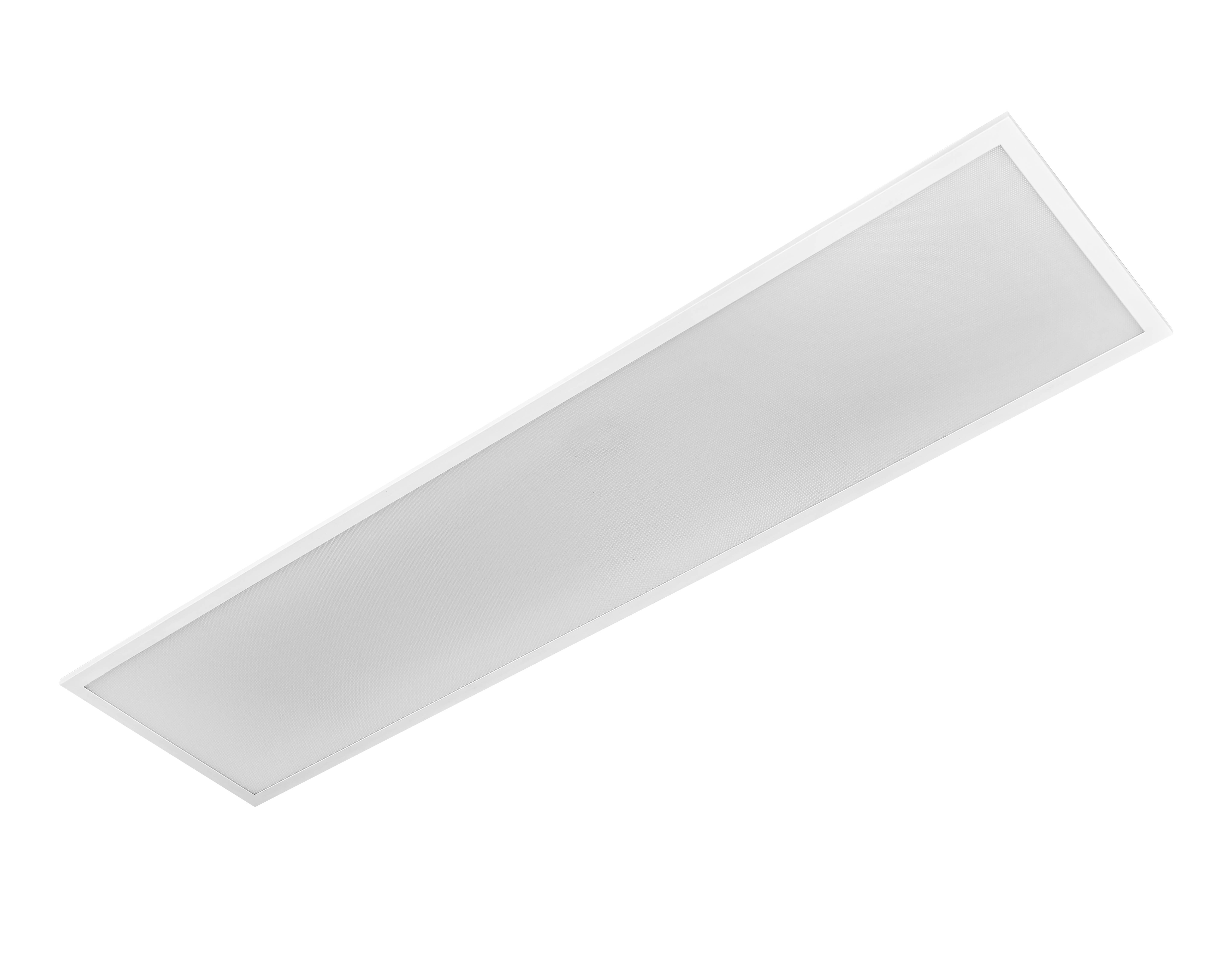 Ein rechteckiges, weißes LED-Deckenpaneel vor schwarzem Hintergrund.