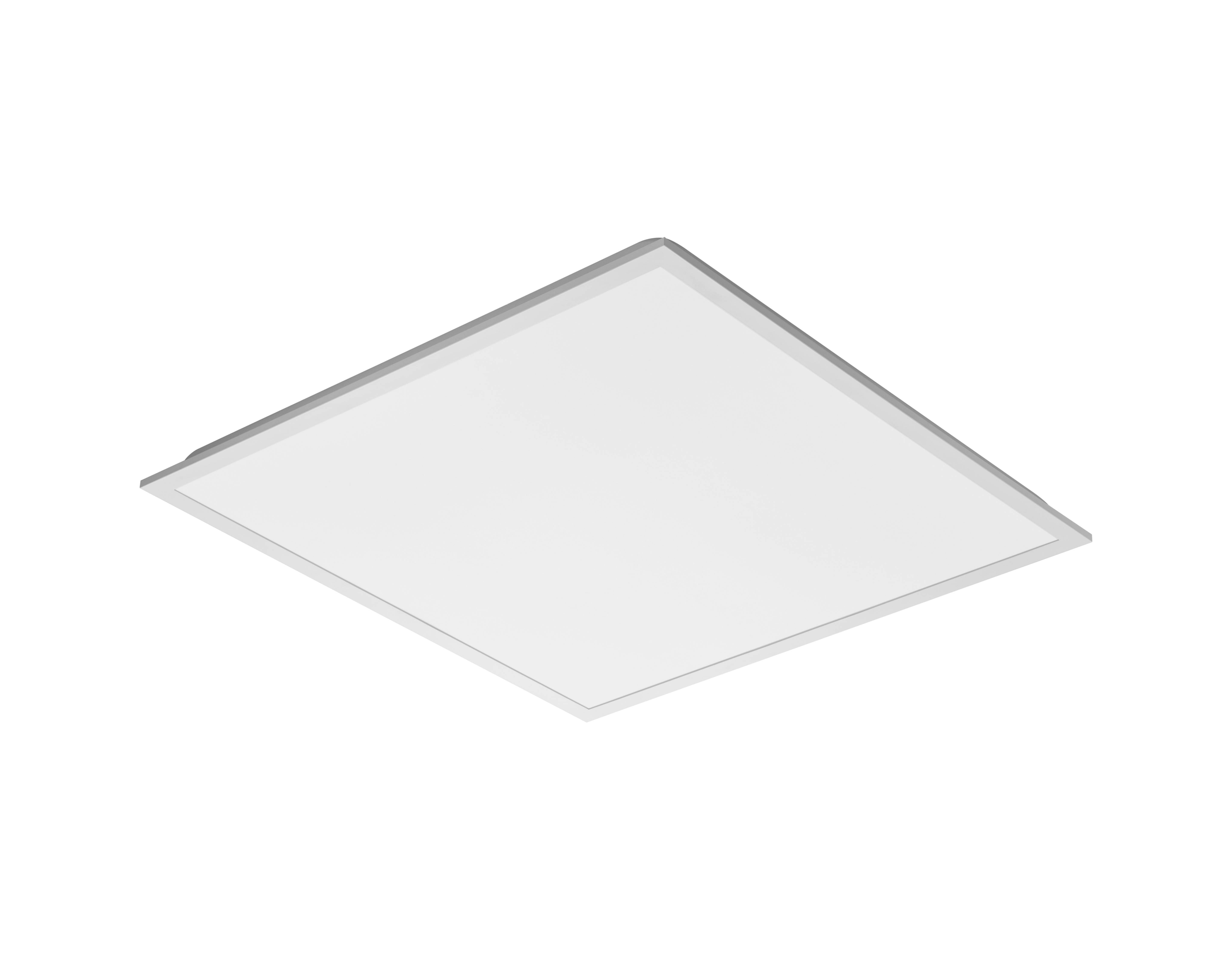 Ein weißes, quadratisches LED-Panel, leicht von unten betrachtet, vor einem schwarzen Hintergrund.