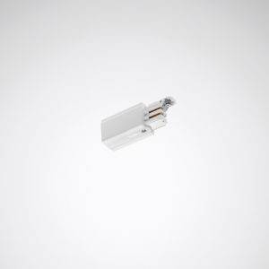 Ein weißes, rechteckiges elektronisches Gerät mit einem Stecker, schwebt vor einem grauen Hintergrund.