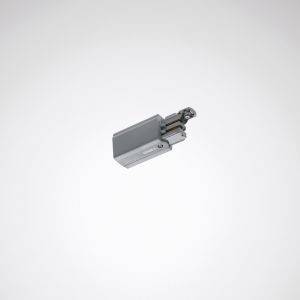 Ein kleiner, rechteckiger, grauer Adapter mit zwei silbernen Steckern ist in der Mitte eines weißen Hintergrunds abgebildet.