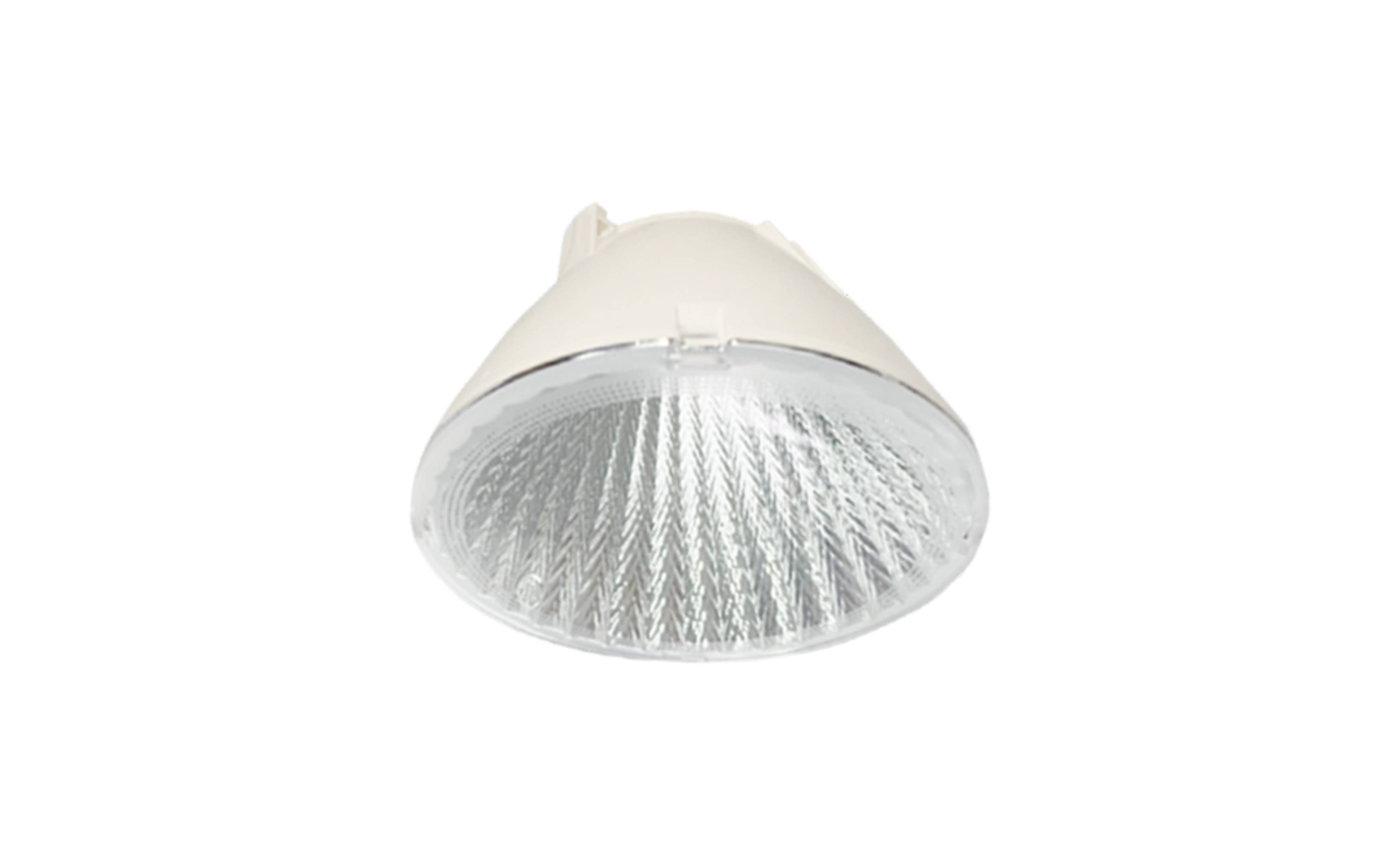 Ein weißer LED-Reflektor mit glatter, transparenter Abdeckung vor schwarzem Hintergrund.