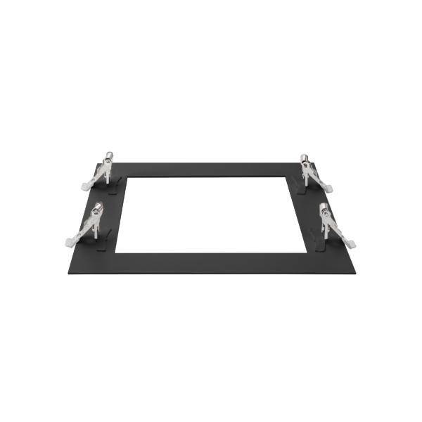 Ein schwarzer rechteckiger Bilderrahmen mit vier silbernen Clips an den Ecken zur Befestigung von Papier oder Fotos.