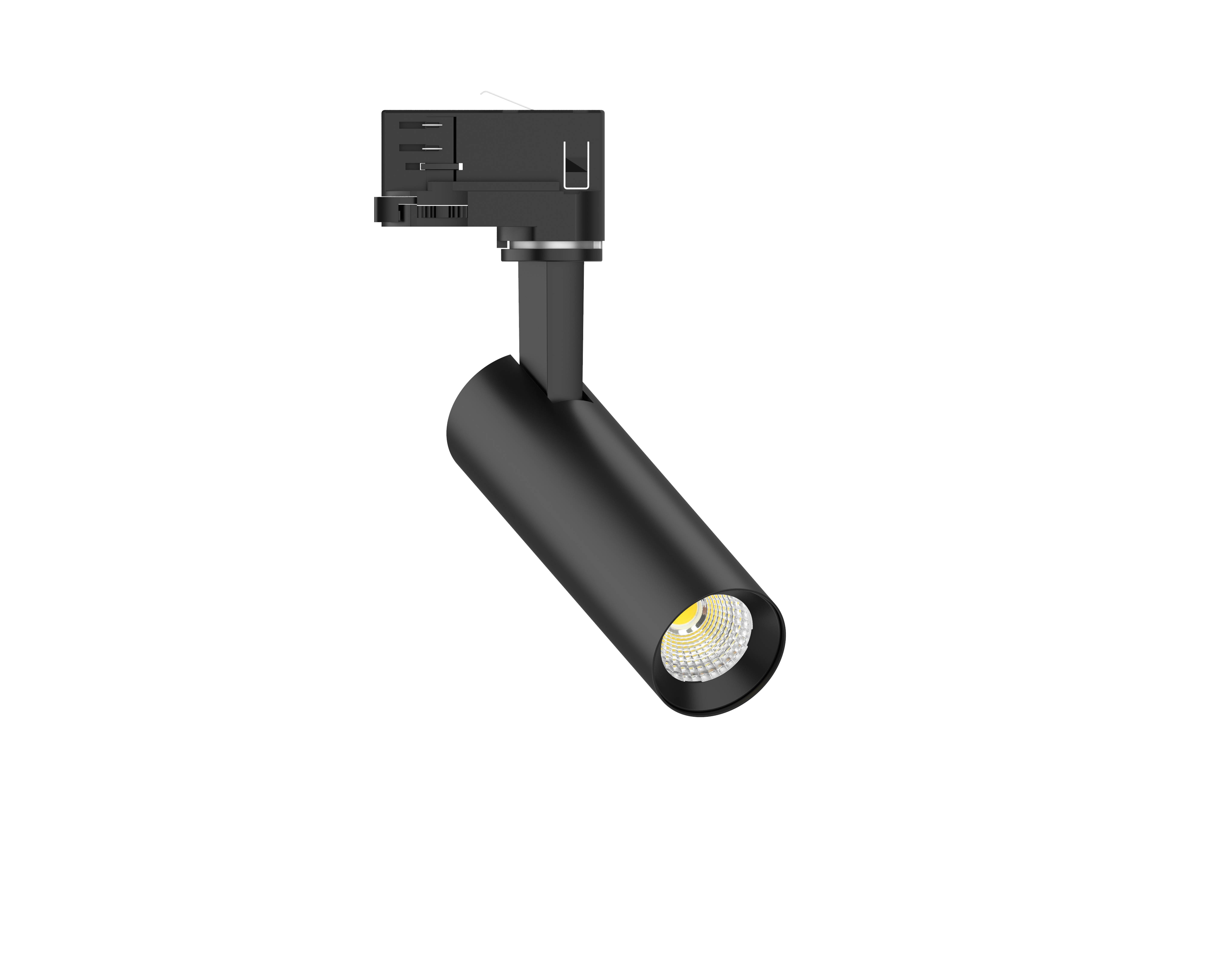 Schwarzer LED-Strahler mit modernem, zylindrischem Design. Der Fokus liegt auf der Lichtquelle, die gelb leuchtet.