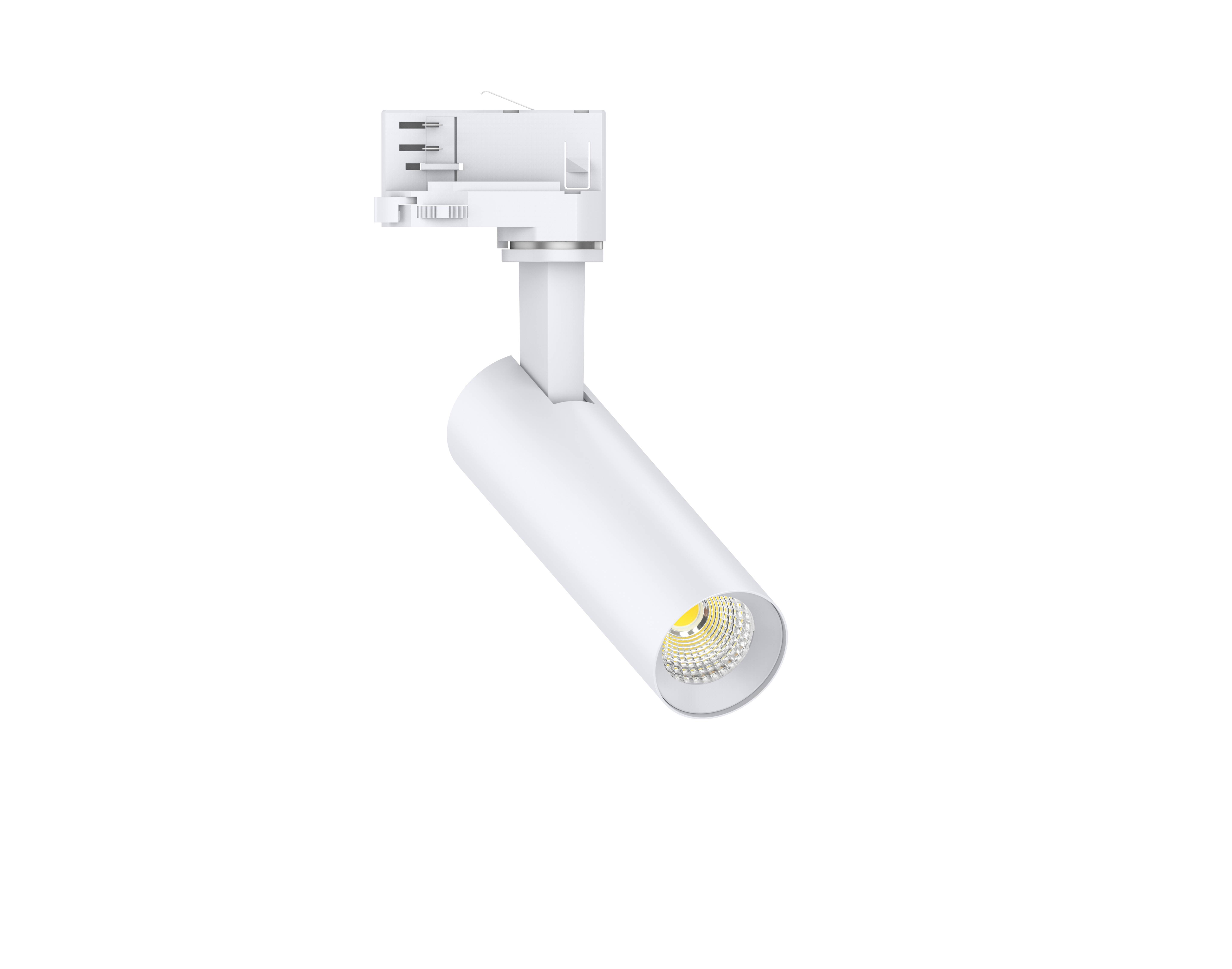 Ein weißer LED-Spotstrahler mit schlankem Design, geeignet für Schienenmontage, wird vor einem schwarzen Hintergrund gezeigt.
