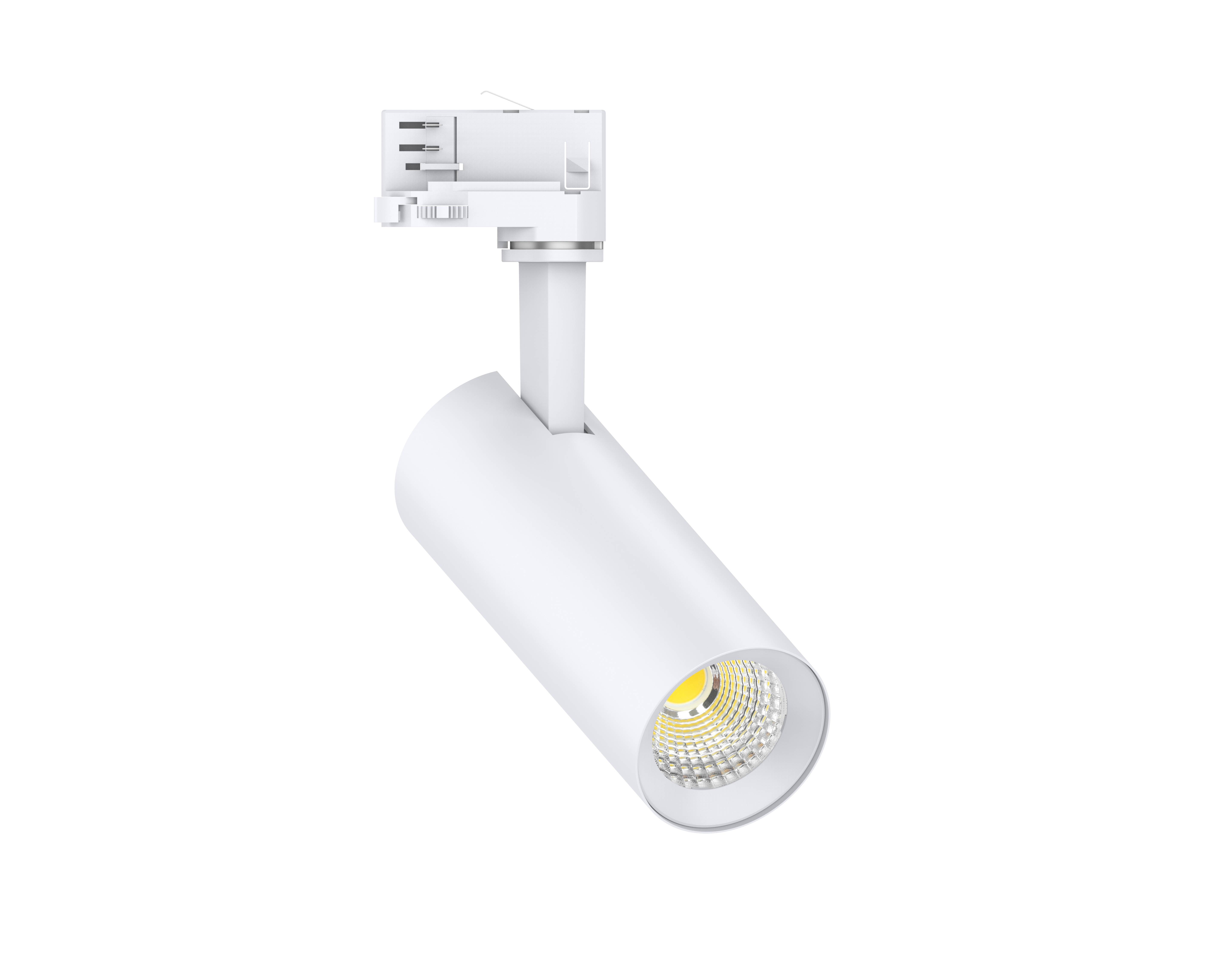 Ein LED-Spotstrahler in modernem, weißem Design, der nach unten gerichtet ist, vor einem neutralen Hintergrund.