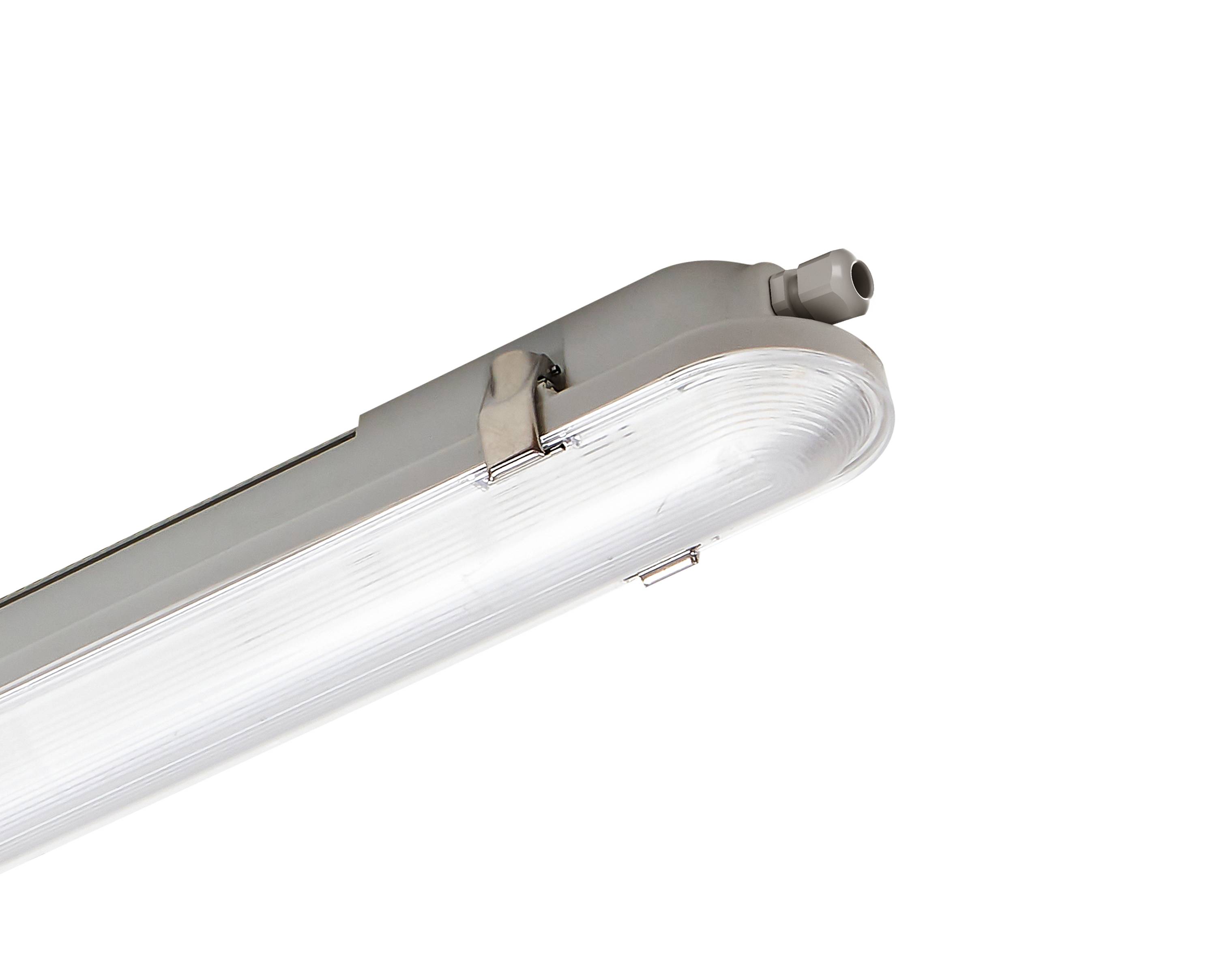 Eine längliche LED-Leuchte mit transparentem Gehäuse vor schwarzem Hintergrund. Ideal für Industriebeleuchtung.