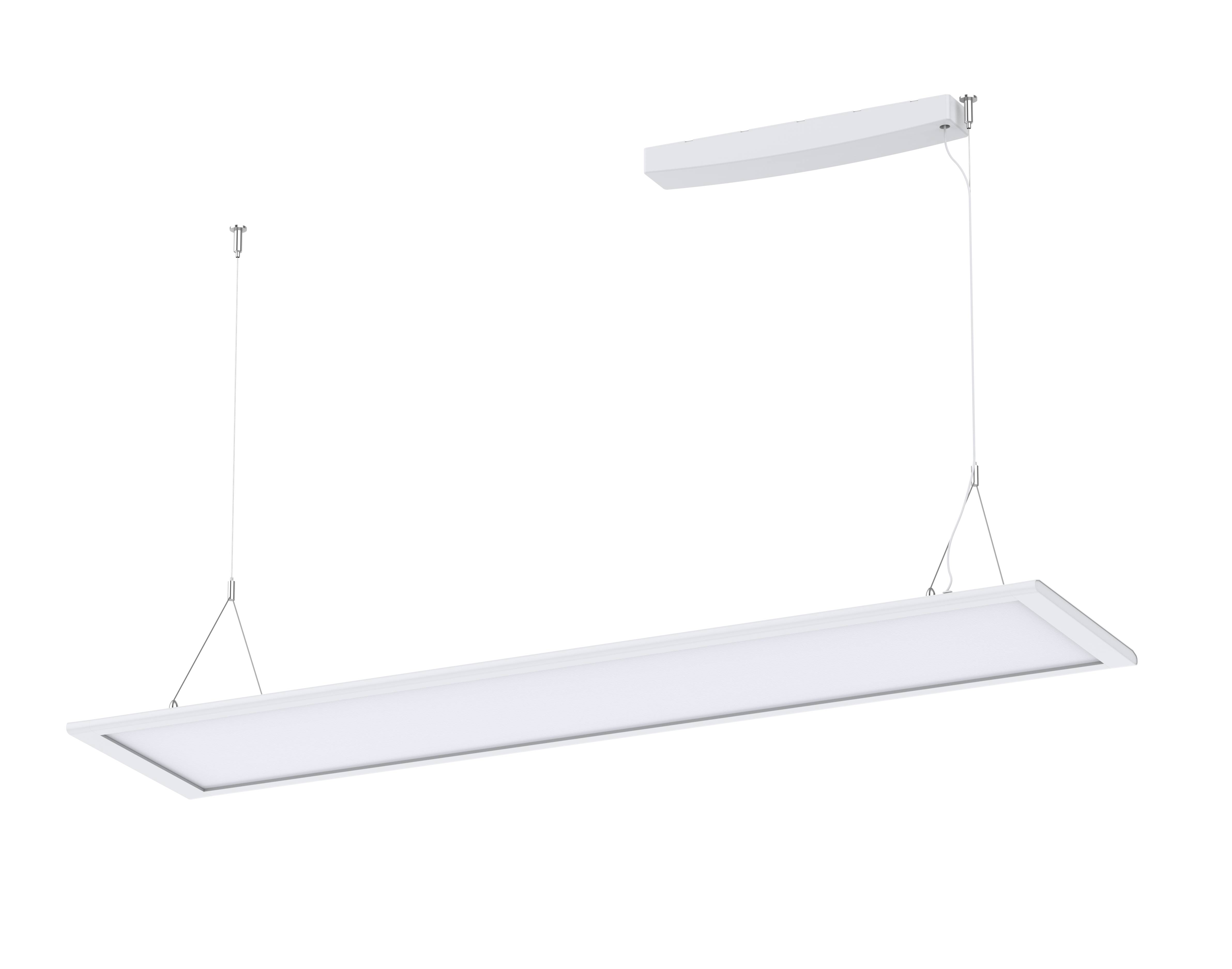 Eine moderne, rechteckige, weiße LED-Pendelleuchte hängt an dünnen Drähten vor einem schwarzen Hintergrund. Minimalistisches Design.