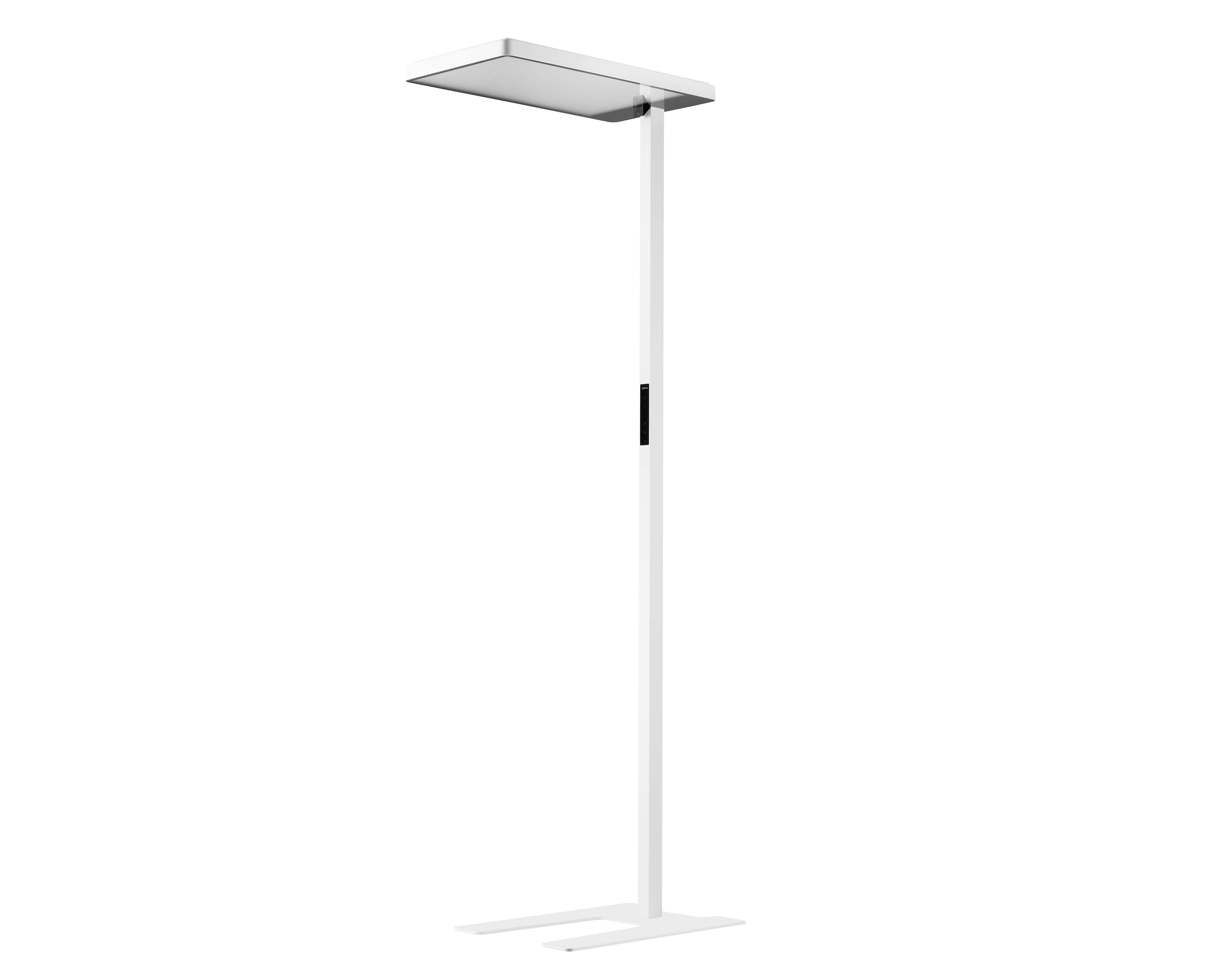 Eine moderne, weiße Stehlampe mit rechteckigem Lampenschirm und schlankem, minimalistischem Design vor schwarzem Hintergrund.