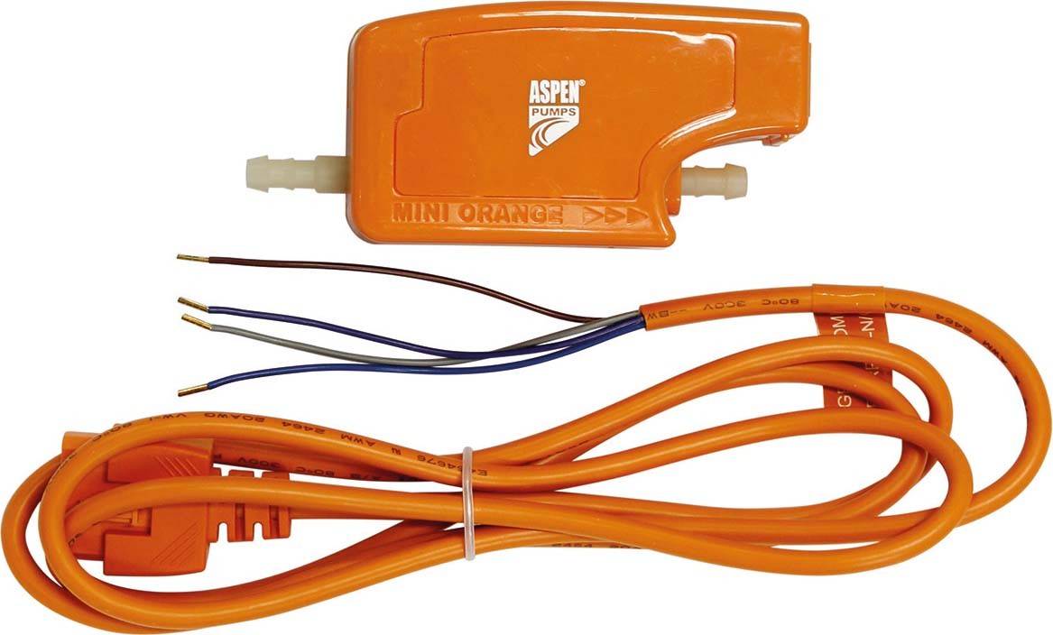 Orange Pumpe der Marke Aspen mit losen Drähten und Kabel, vermutlich für Klima- oder Entwässerungssysteme geeignet.