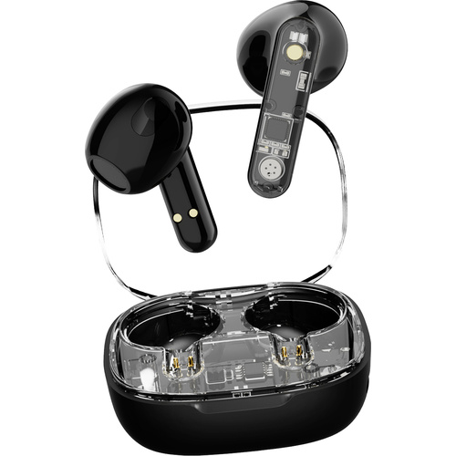 STREETZ T150 In Ear Headset Bluetooth® Stereo Schwarz, Transparent Headset, Ladecase, Lautstärkereg