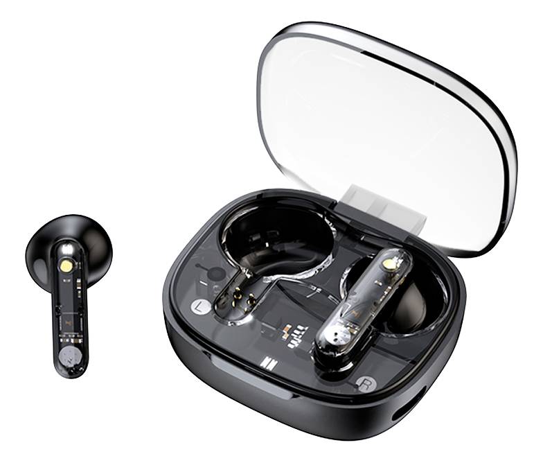 STREETZ T150 In Ear Headset Bluetooth® Stereo Schwarz, Transparent Headset, Ladecase, Lautstärkereg