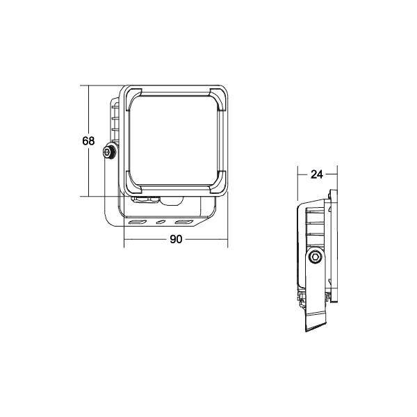 Technische Zeichnung eines quadratischen Gehäuses mit Maßen: Höhe 68 mm, Breite 90 mm, Tiefe 24 mm, seitliche und frontale Ansicht.