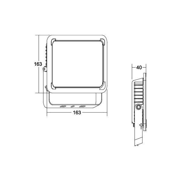 Technische Zeichnung eines rechteckigen LED-Flutlichts mit den Maßen 163x163x40 mm, Vorder- und Seitenansicht dargestellt.