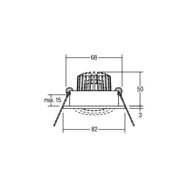 Technische Zeichnung eines Einbaustrahlers mit Abmessungen: Durchmesser 68 mm, Höhe 50 mm, Gesamttiefe 82 mm, Einbautiefe max. 15 mm.