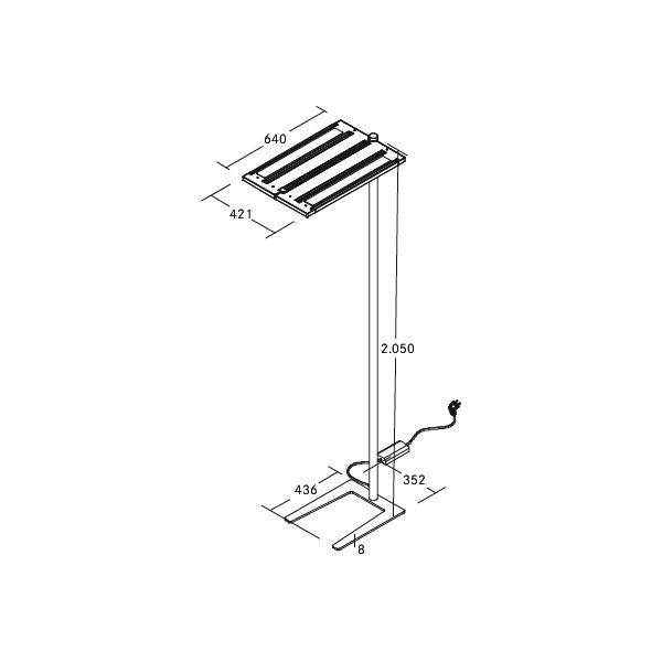 Stehlampe mit Maßen: Höhe 2050 mm, Breite 436 mm, Tiefe 352 mm. Zeichnung zeigt detaillierte Abmessungen mit Stromkabel.