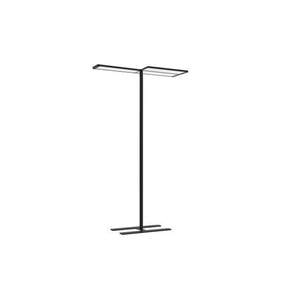 Stehleuchte aus schwarzem Metall mit minimalistischem Design und zwei rechteckigen Leuchtelementen, die horizontal ausgerichtet sind.