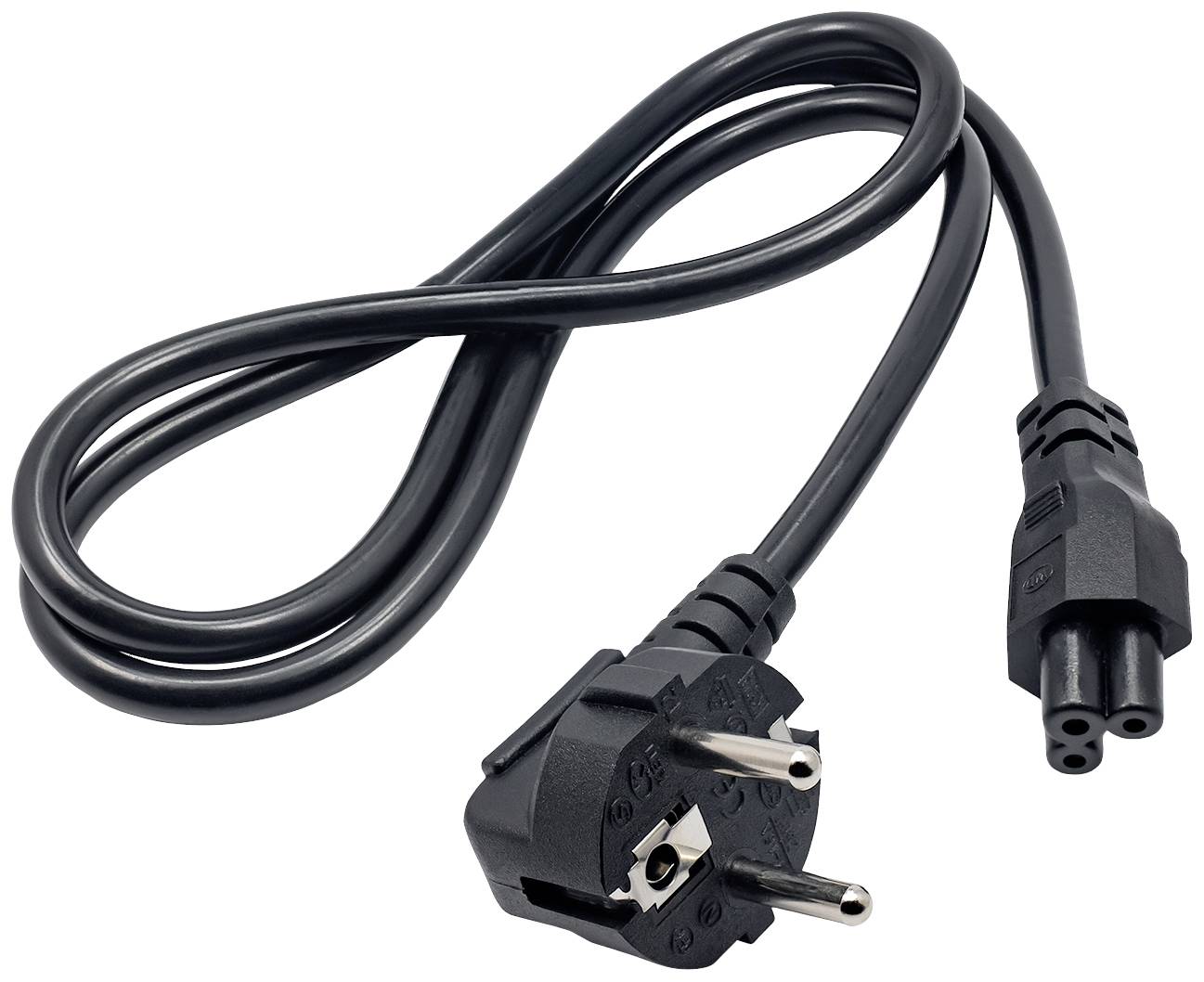 Schwarzes Netzkabel mit Schuko-Stecker und dreipoligem C5-Anschluss, häufig für Laptops und ähnliche Geräte verwendet.