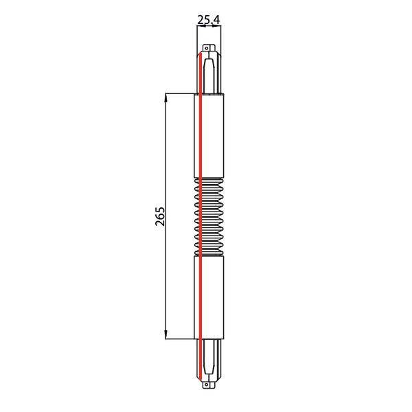 Illustration eines Stoßdämpfers mit technischen Maßen: Länge 265 mm, Breite 25,4 mm. Im Zentrum eine spiralförmige Feder.