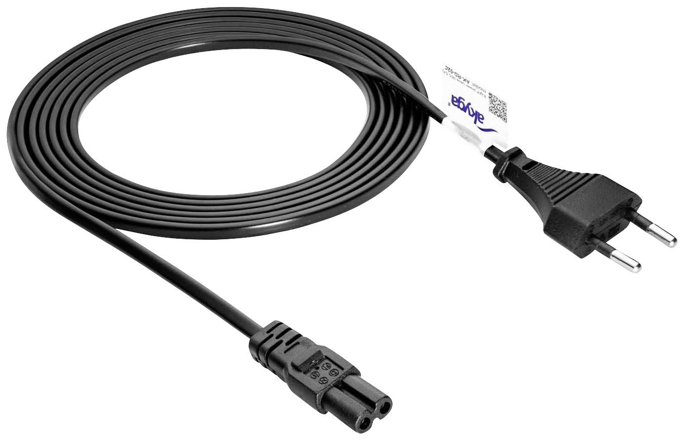 Ein schwarzes Netzkabel mit einem europäischen Stecker auf der einen Seite und einem C7-Stecker auf der anderen Seite.
