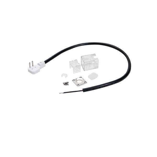 Ein Kabel mit offenem Ende, einem weißen Stecker auf der linken Seite und mehreren kleinen durchsichtigen Kunststoffteilen daneben.