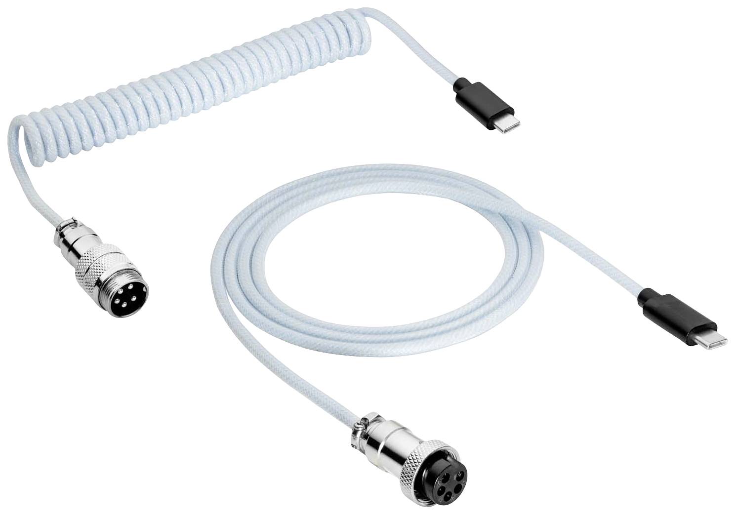 Ein blaues spiralförmiges Kabel mit einem silbernen Stecker und USB-C-Anschlüssen, geeignet für technische Verbindungen.