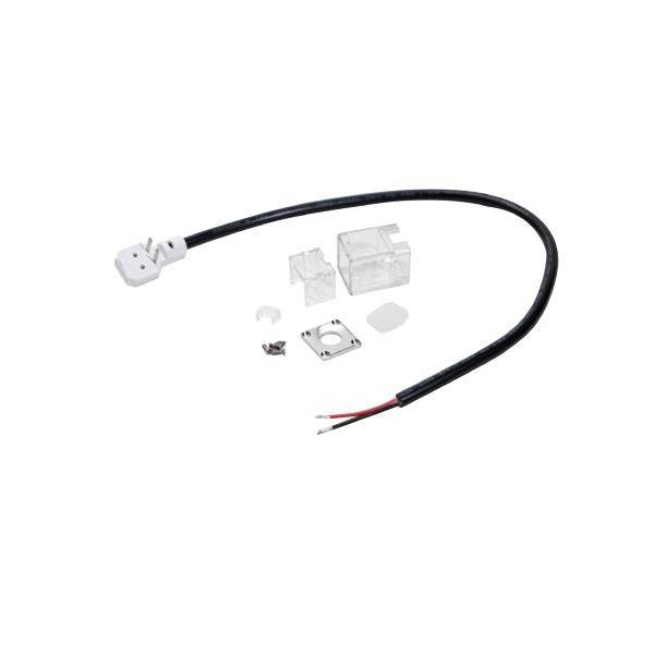 Elektronisches Steckerset: Schwarzes Kabel mit freiliegenden Drähten, durchsichtige Kunststoffgehäuse und kleine Befestigungsteile.