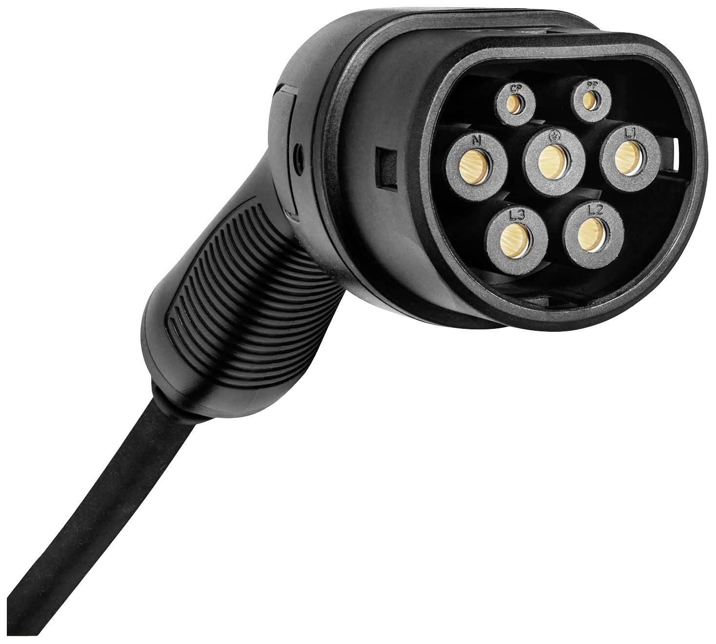 Schwarz-grauer Stecker eines Ladekabels für Elektroautos mit mehreren runden Anschlüssen, perspektivisch von der Seite gezeigt.