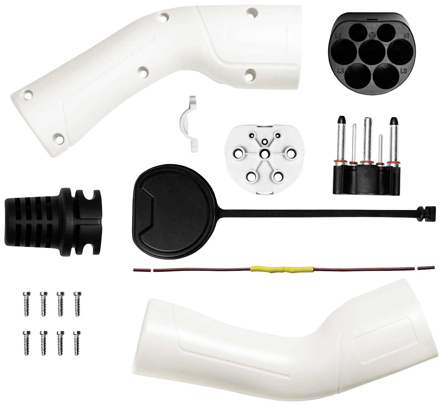 Teile eines Reparatursets für Roller: weißer Lenker, Halterungen, Schrauben, Kabel.