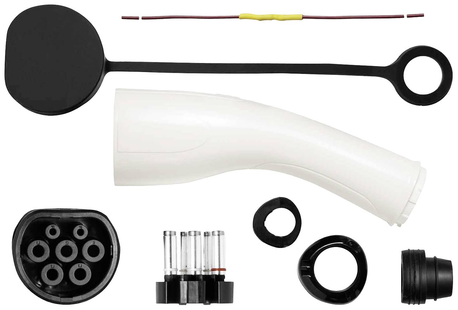Ein Set von Komponenten eines Elektrofahrzeug-Ladekabels, einschließlich Steckerverbindung, Kabelhülse, Dichtungen und Drähten.