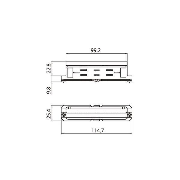 Technische Zeichnung eines rechteckigen Bauteils mit Maßen: Länge 114,7 mm, Höhe 25,4 mm, Breite 99,2 mm, tiefe Aussparungen.